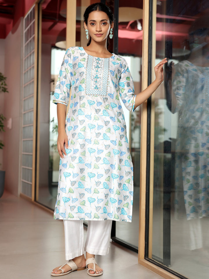 White Printed Silk Blend Straight Kurta Set