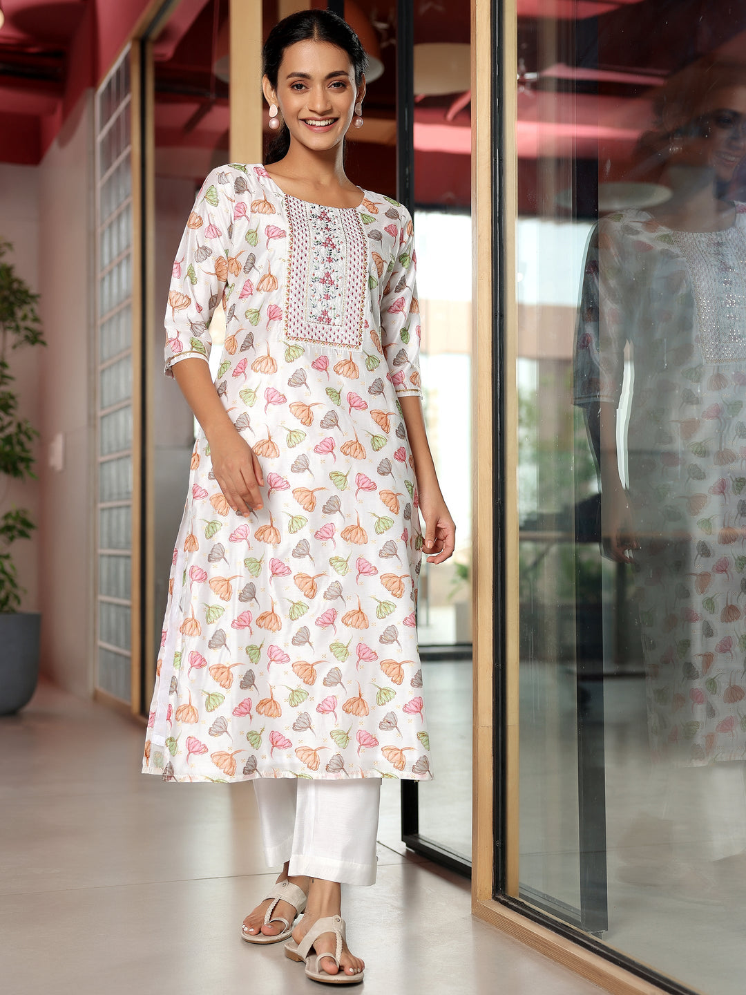White Printed Silk Blend Straight Kurta Set