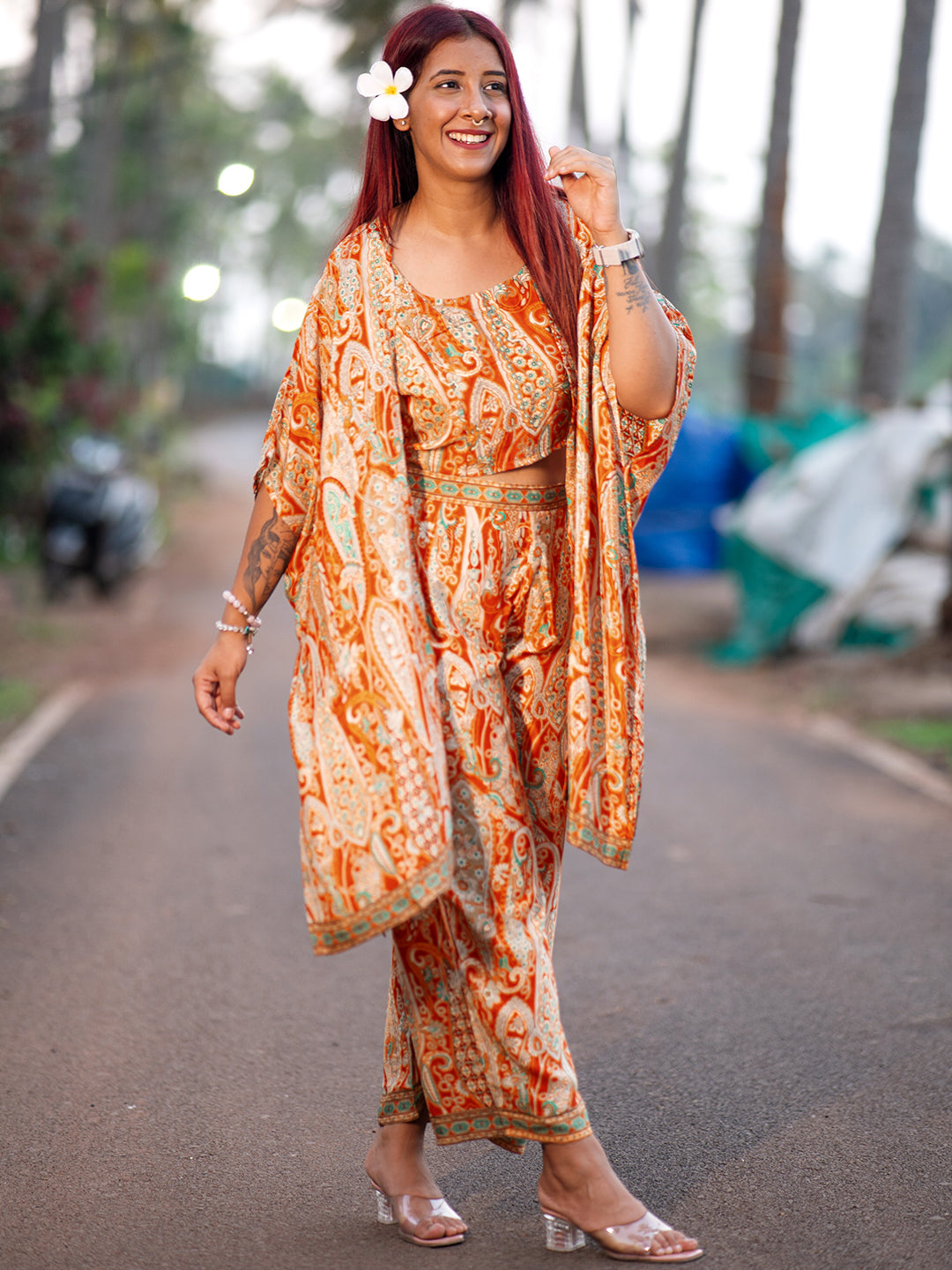 Orange Printed Silk Blend 3 Piece Co-Ords