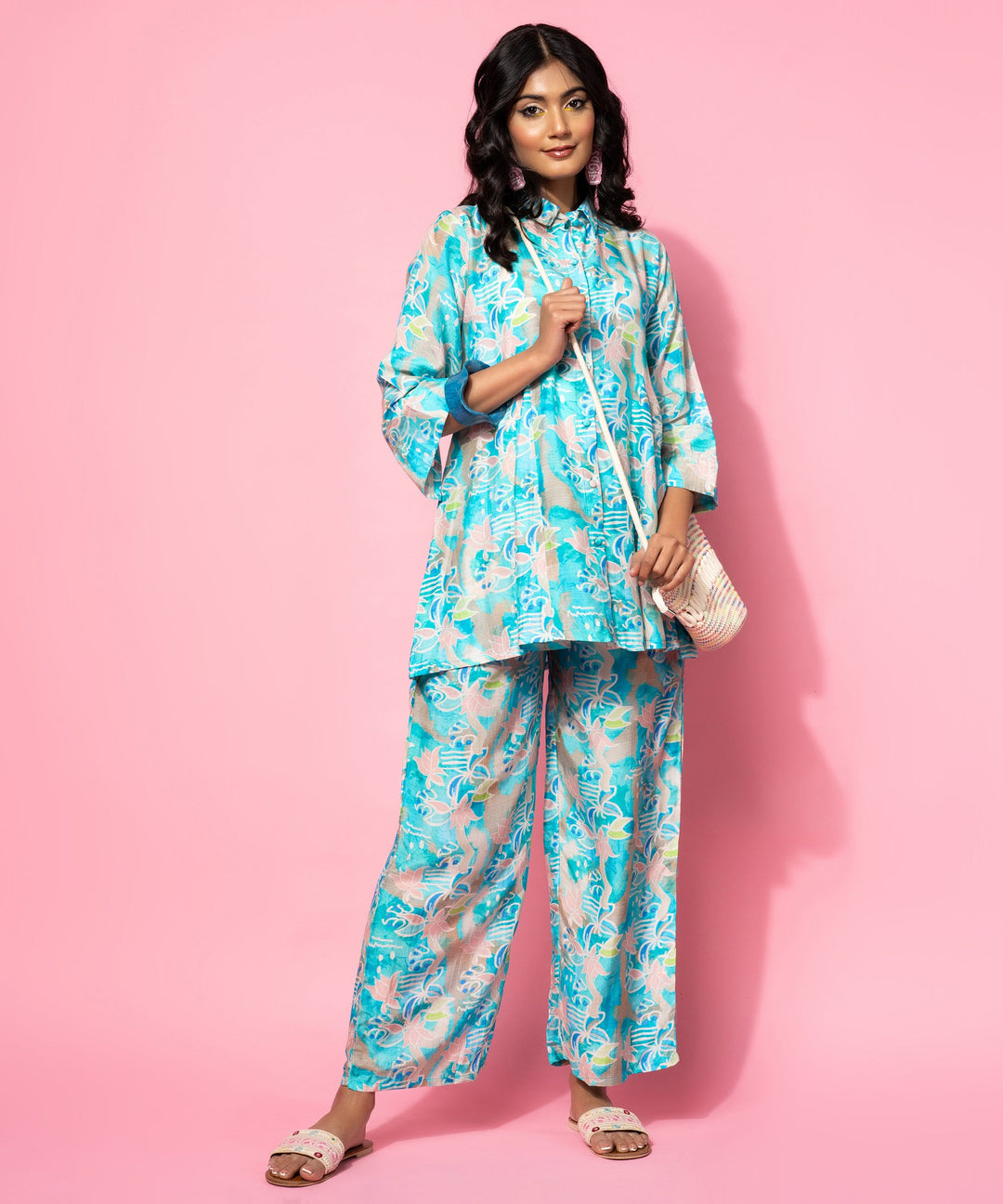 Blue Printed Silk Blend Co-Ords