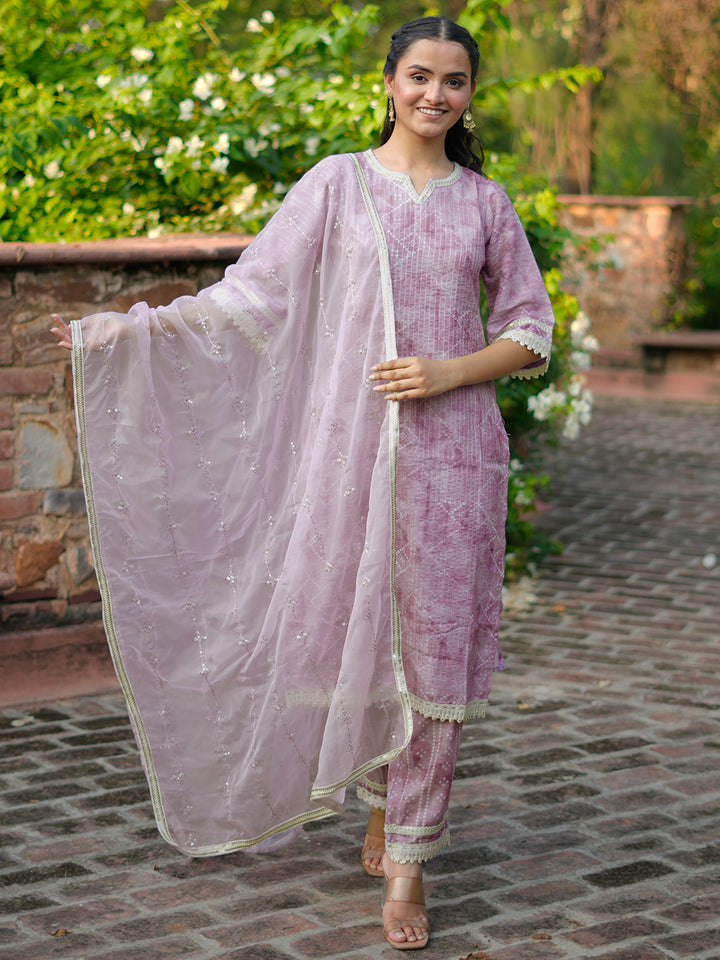 Purple Printed Cotton Straight Suit With Dupatta