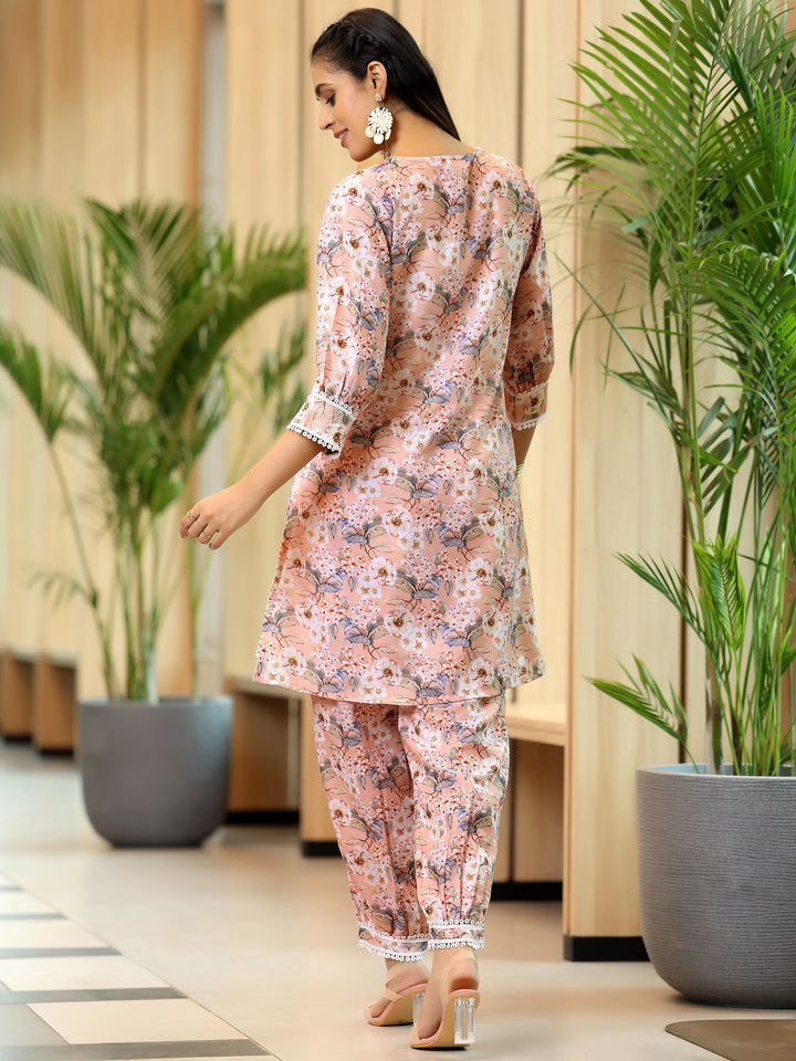 Peach Printed Cotton Straight Kurta Set