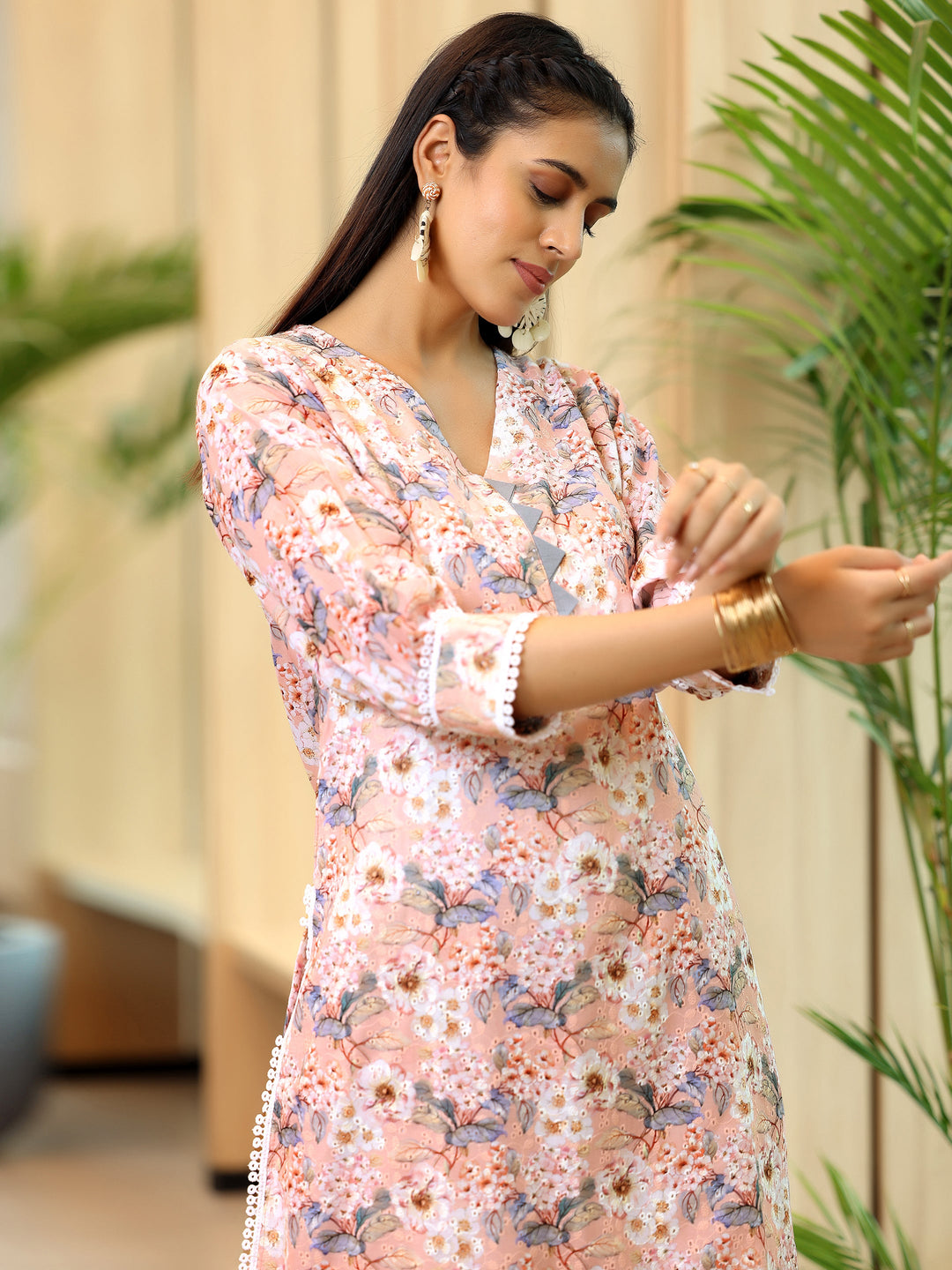Peach Printed Cotton Straight Kurta Set