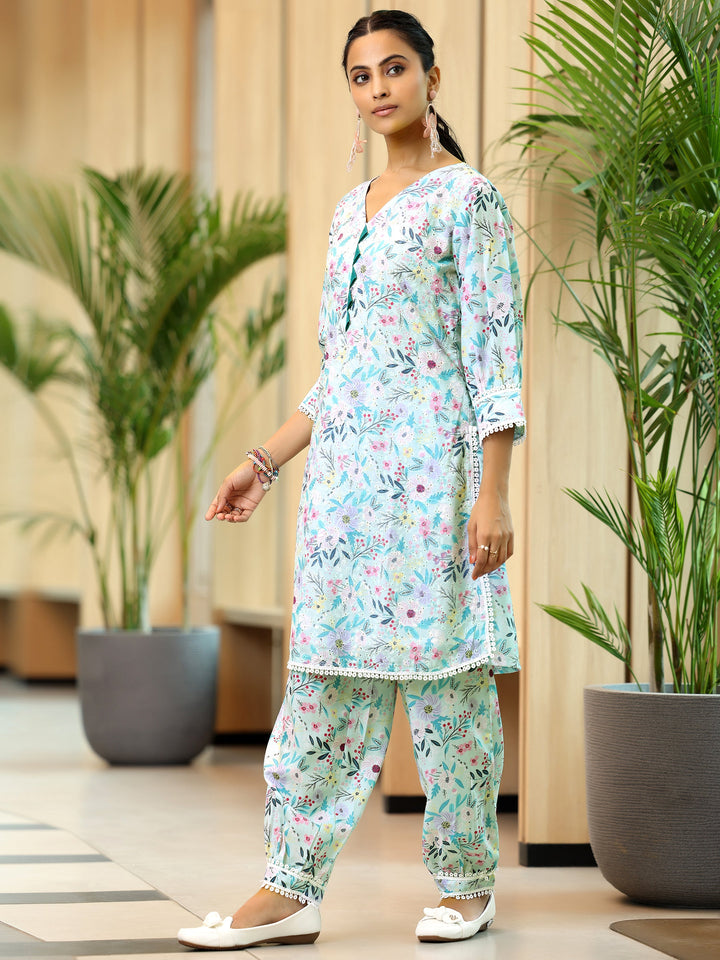 Blue Printed Cotton Straight Kurta Set