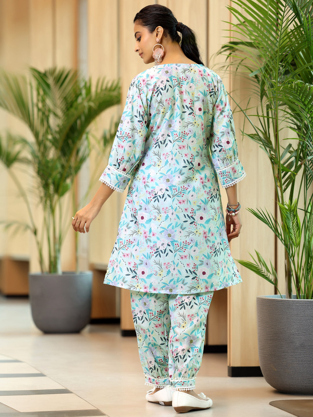 Blue Printed Cotton Straight Kurta Set