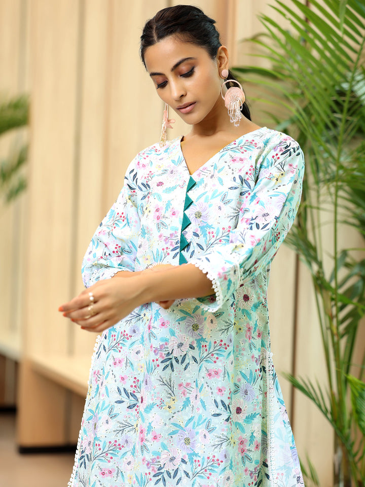 Blue Printed Cotton Straight Kurta Set