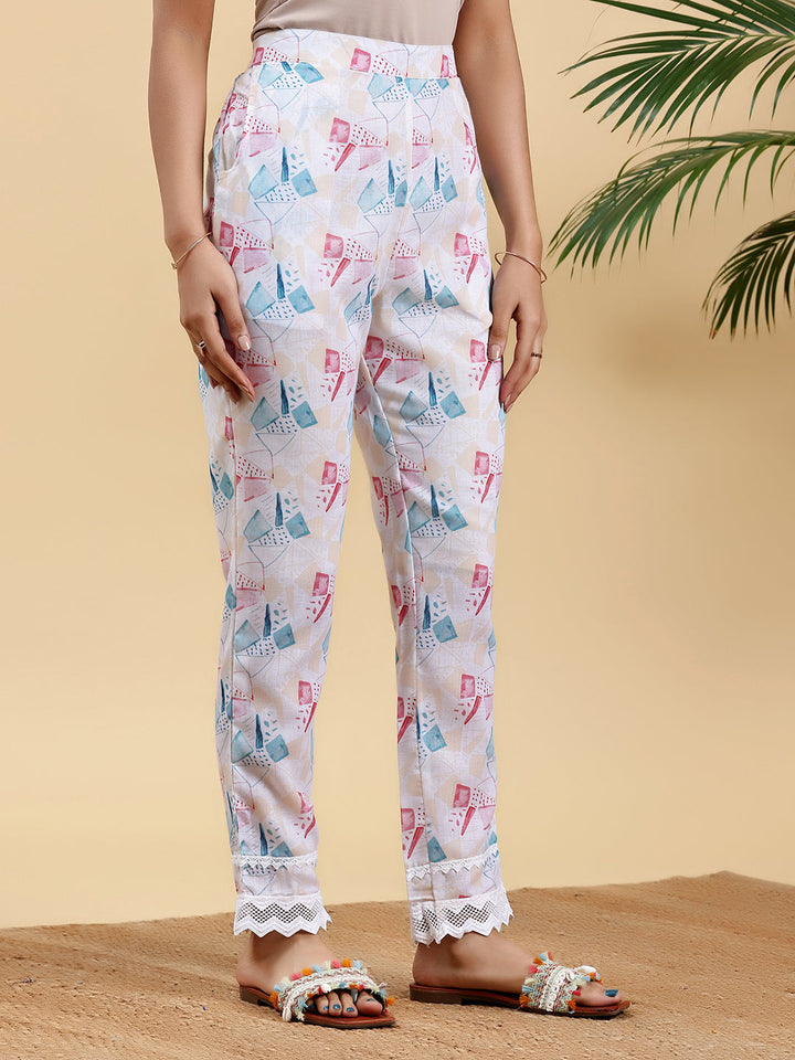 Cream Printed Cotton A-Line Kurta With Trousers