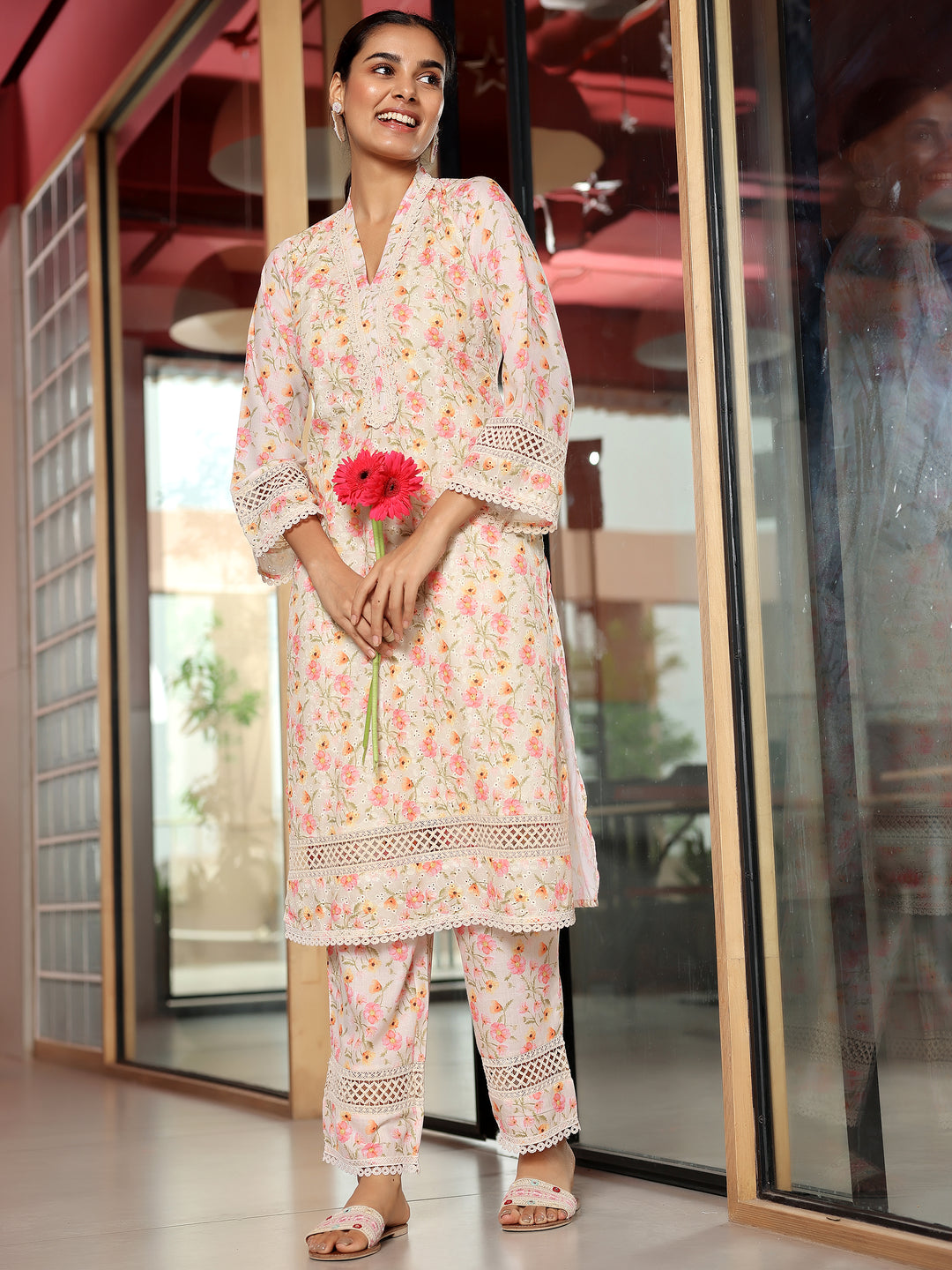 Beige Printed Cotton A-Line Kurta With Palazzos