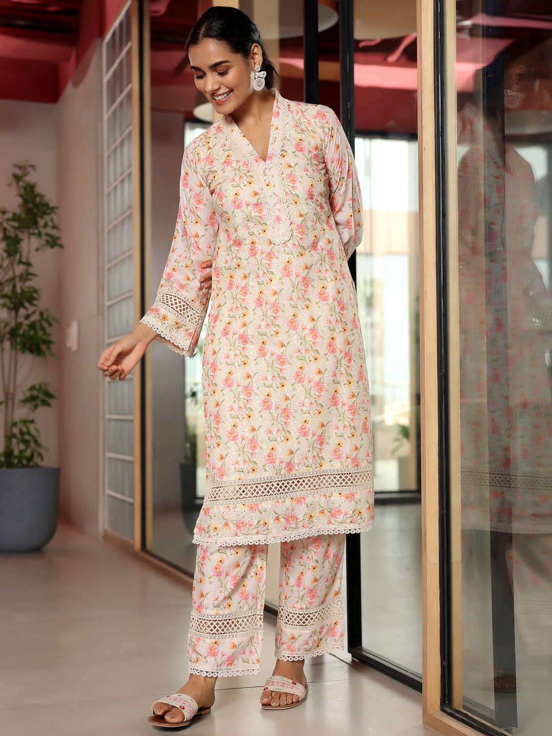 Beige Printed Cotton A-Line Kurta With Palazzos