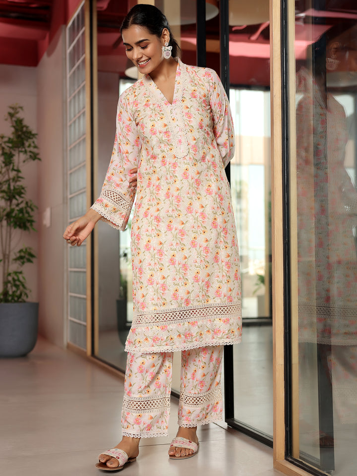 Beige Printed Cotton A-Line Kurta With Palazzos