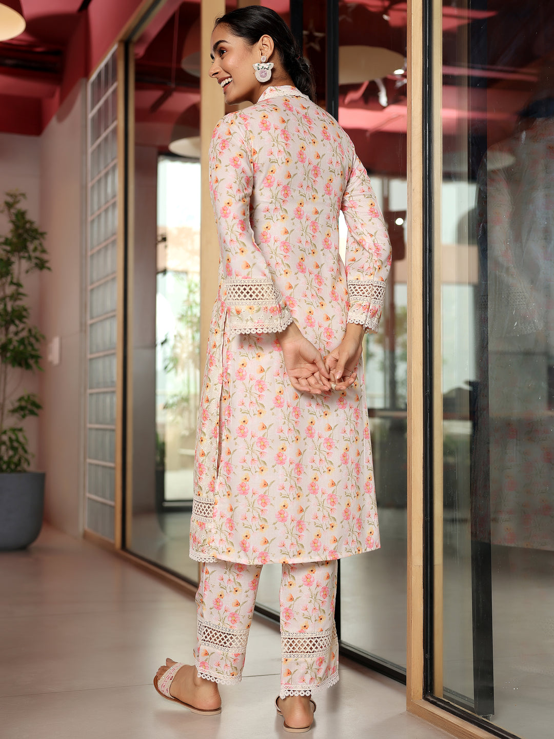 Beige Printed Cotton A-Line Kurta With Palazzos