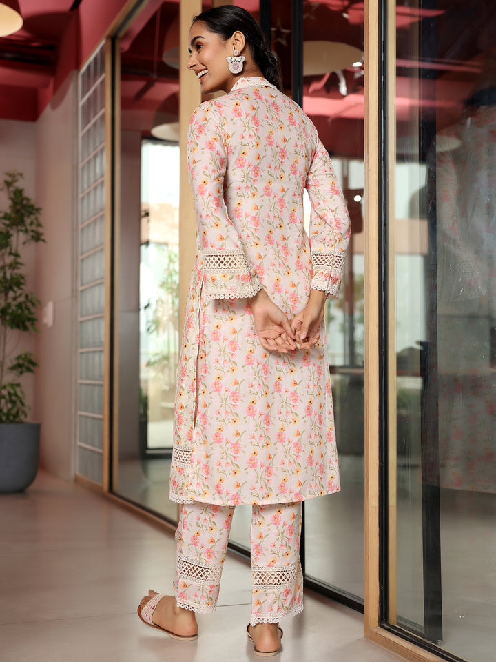 Beige Printed Cotton A-Line Kurta With Palazzos