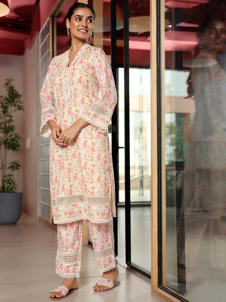 Beige Printed Cotton A-Line Kurta With Palazzos
