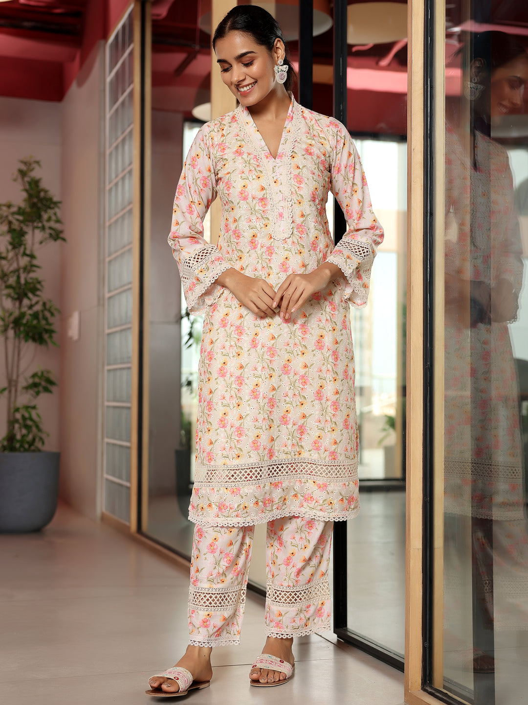 Beige Printed Cotton A-Line Kurta With Palazzos