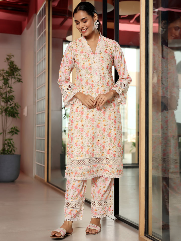 Beige Printed Cotton A-Line Kurta With Palazzos