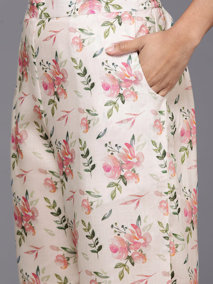 Beige Printed Cotton Straight Kurta Set