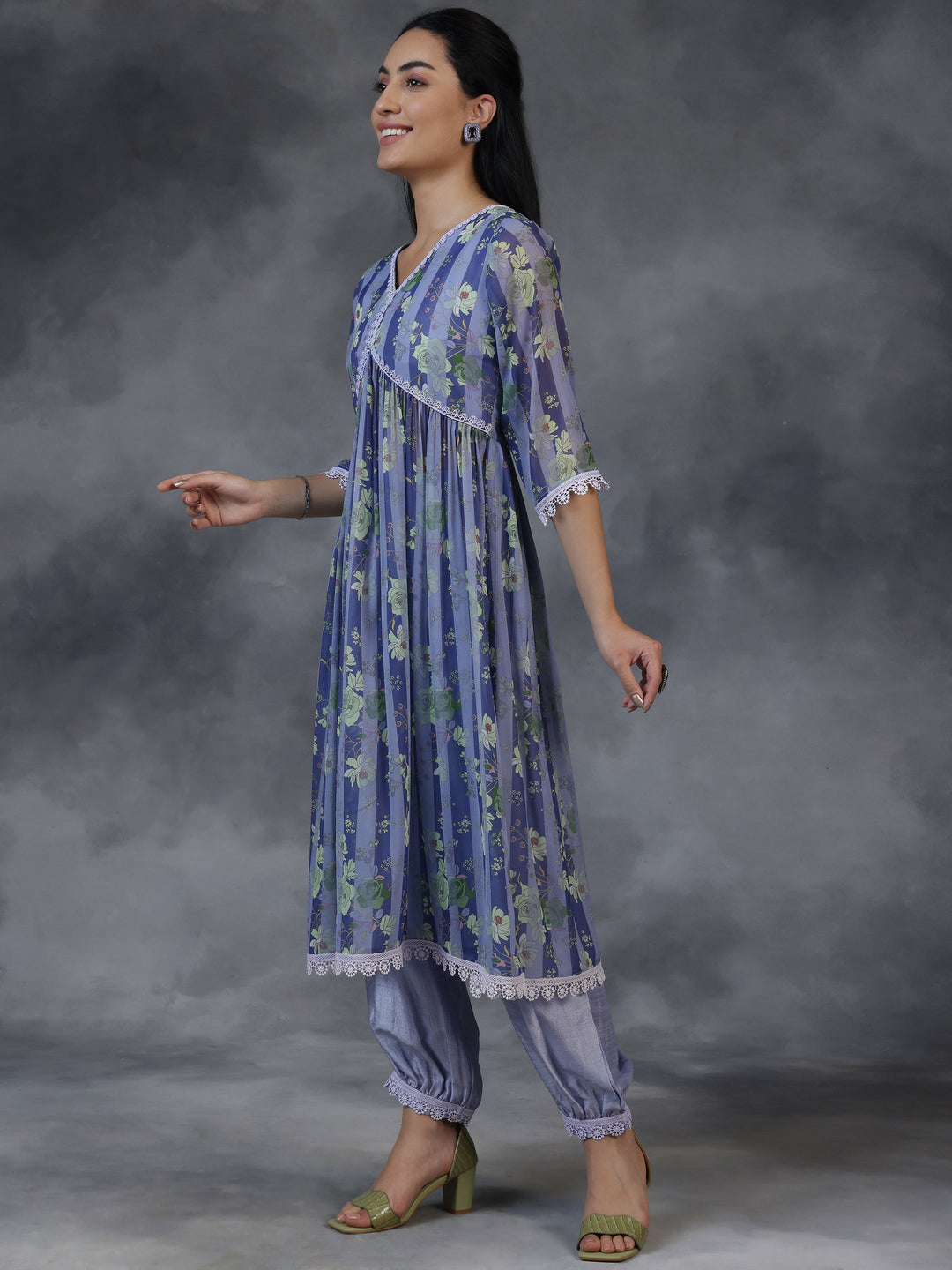 Purple Printed Georgette A-Line Kurta With Salwar