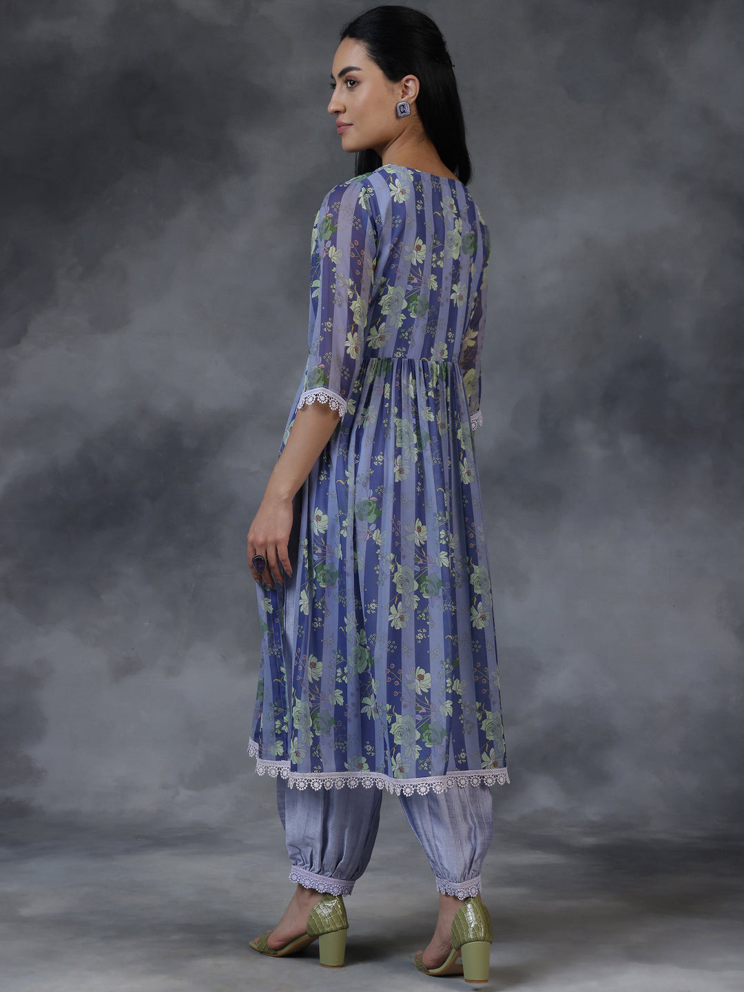 Purple Printed Georgette A-Line Kurta With Salwar