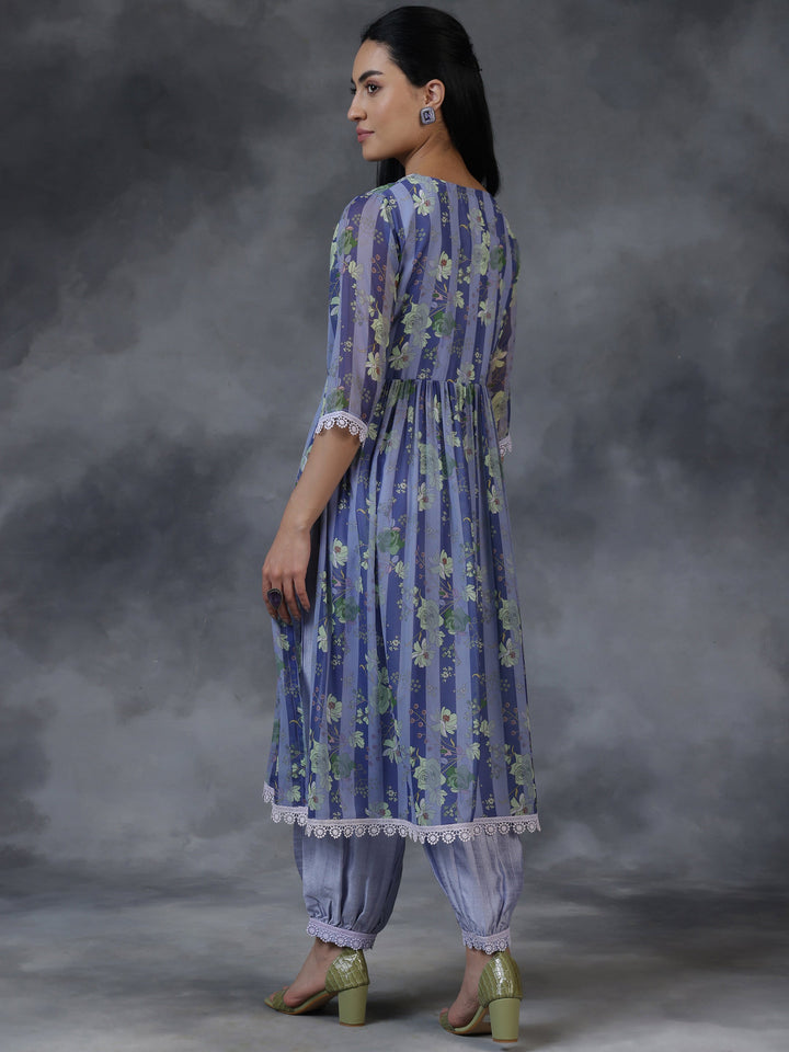 Purple Printed Georgette A-Line Kurta With Salwar