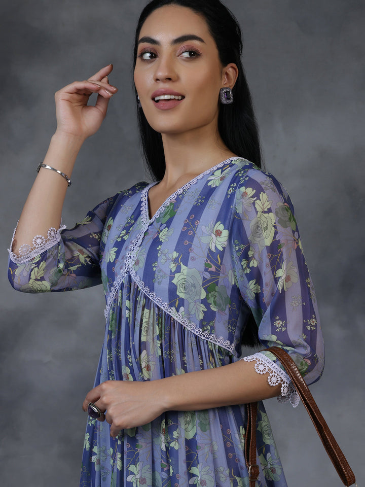 Purple Printed Georgette A-Line Kurta With Salwar