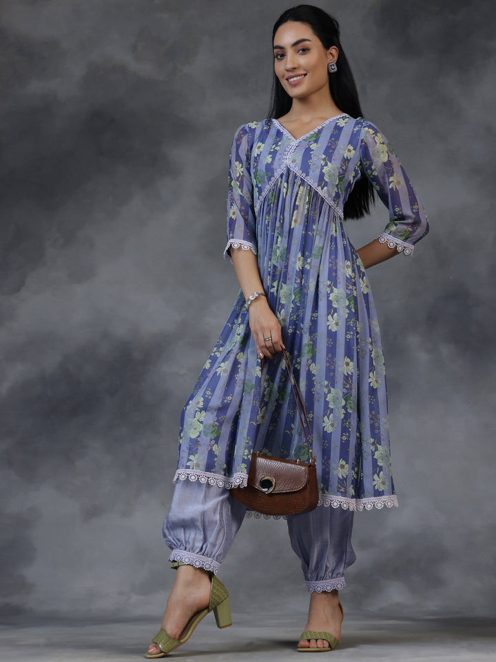 Purple Printed Georgette A-Line Kurta With Salwar