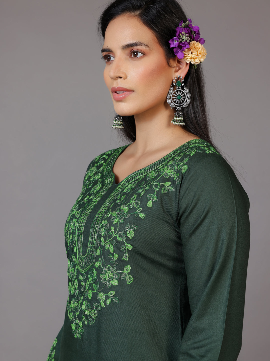 Green Yoke Design Wool Blend Straight Kurta Set