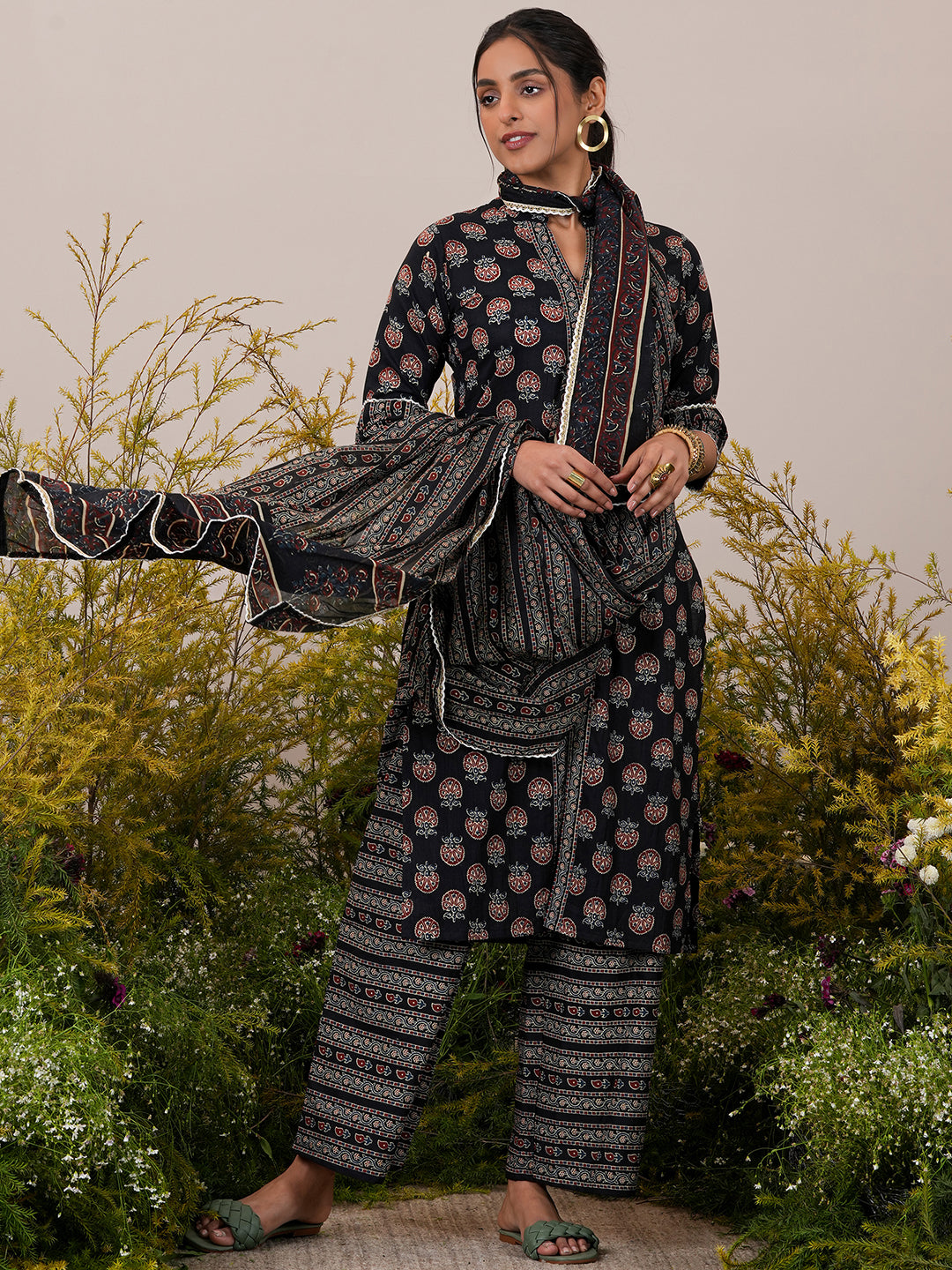 Black Printed Cotton Straight Kurta With Palazzos & Dupatta - ShopLibas
