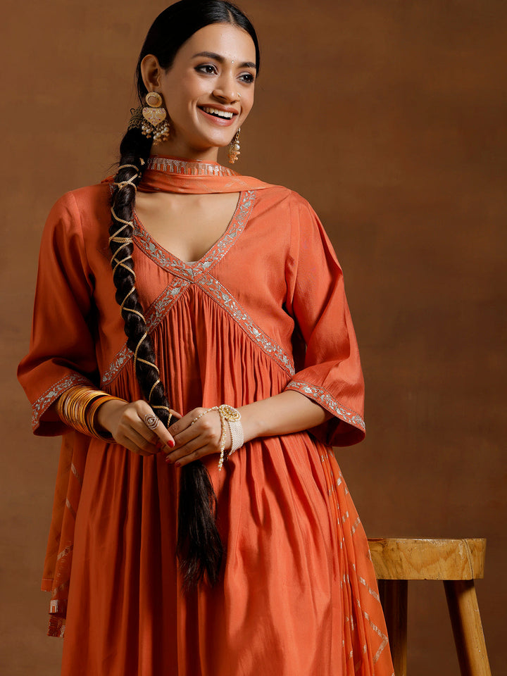 Rust Solid Silk Blend A-Line Kurta With Trousers & Dupatta