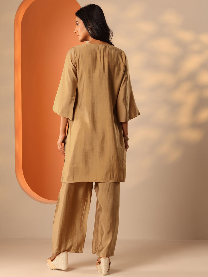 Beige Yoke Design Silk Blend Straight Kurta Set