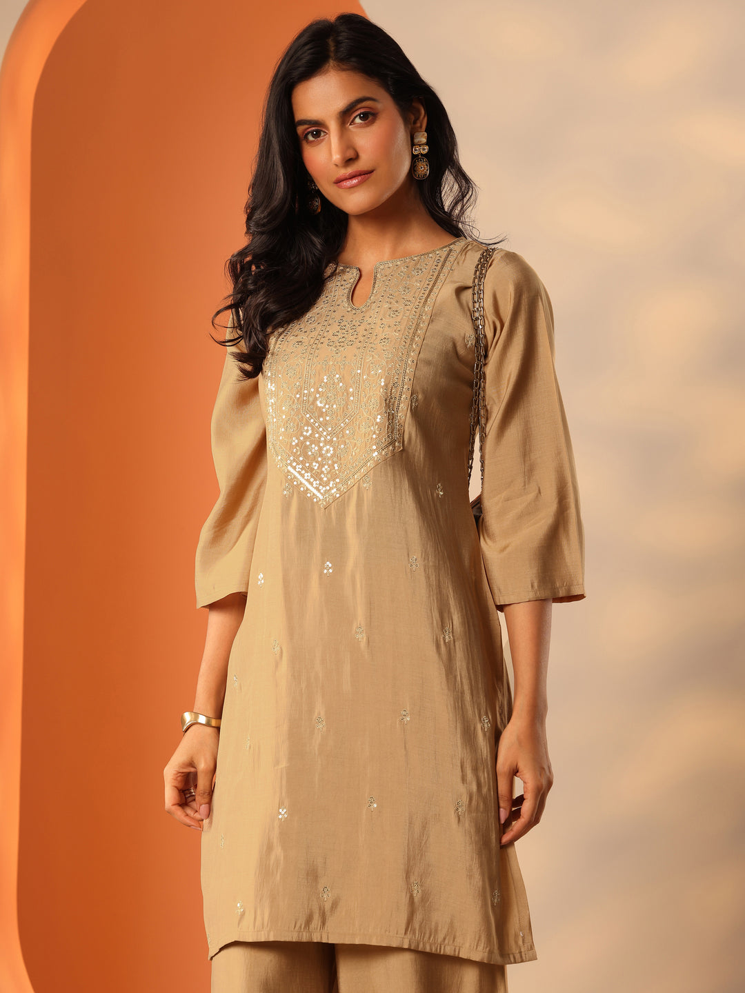 Beige Yoke Design Silk Blend Straight Kurta Set