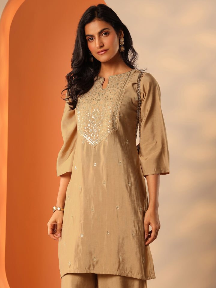 Beige Yoke Design Silk Blend Straight Kurta Set