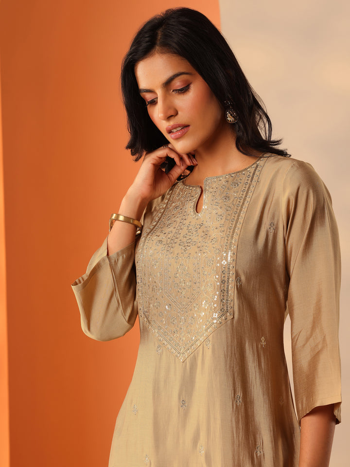 Beige Yoke Design Silk Blend Straight Kurta Set