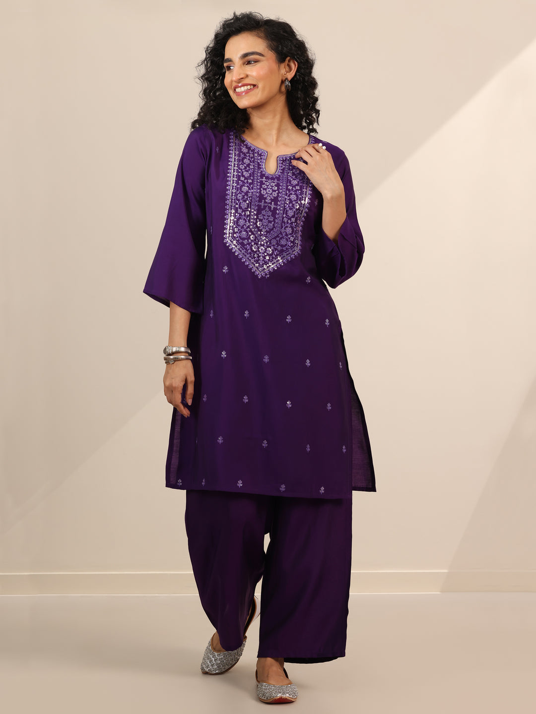 Purple Embroidered Silk Blend Straight Kurta Set