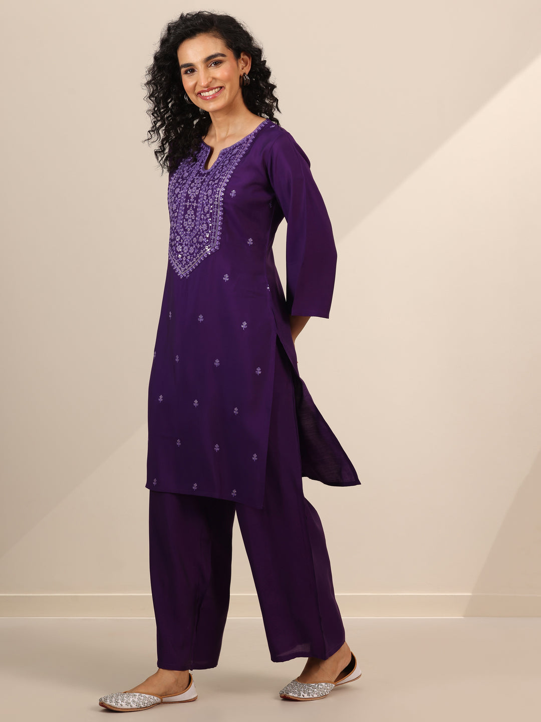 Purple Embroidered Silk Blend Straight Kurta Set