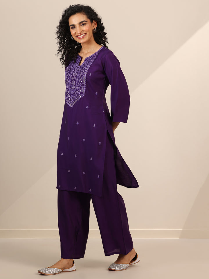 Purple Embroidered Silk Blend Straight Kurta Set
