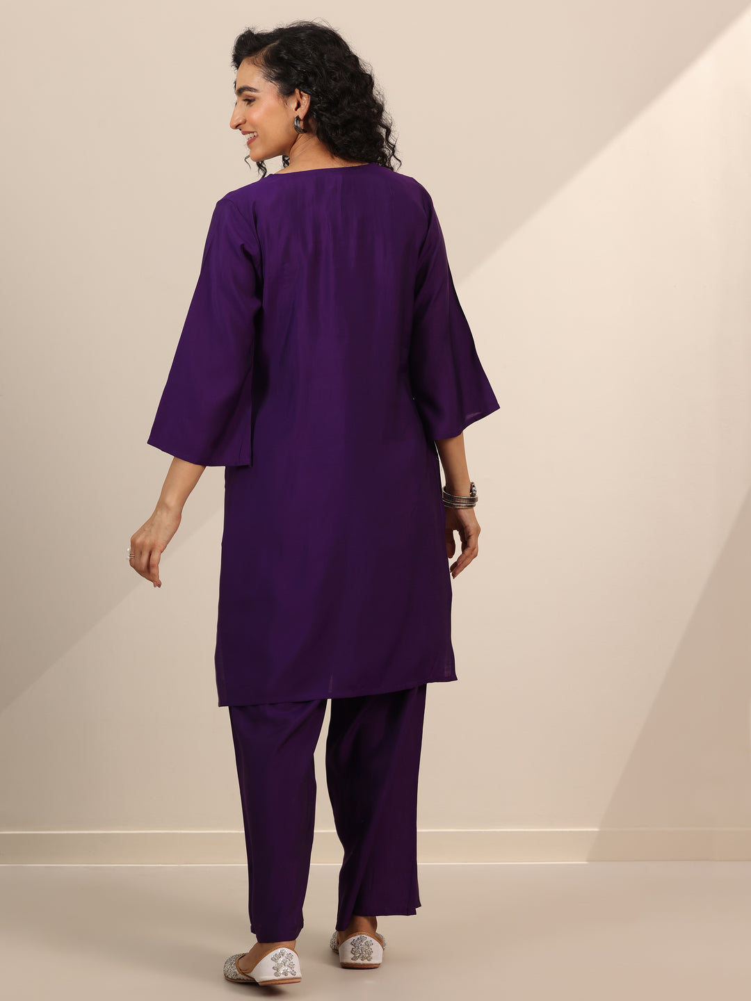 Purple Embroidered Silk Blend Straight Kurta Set