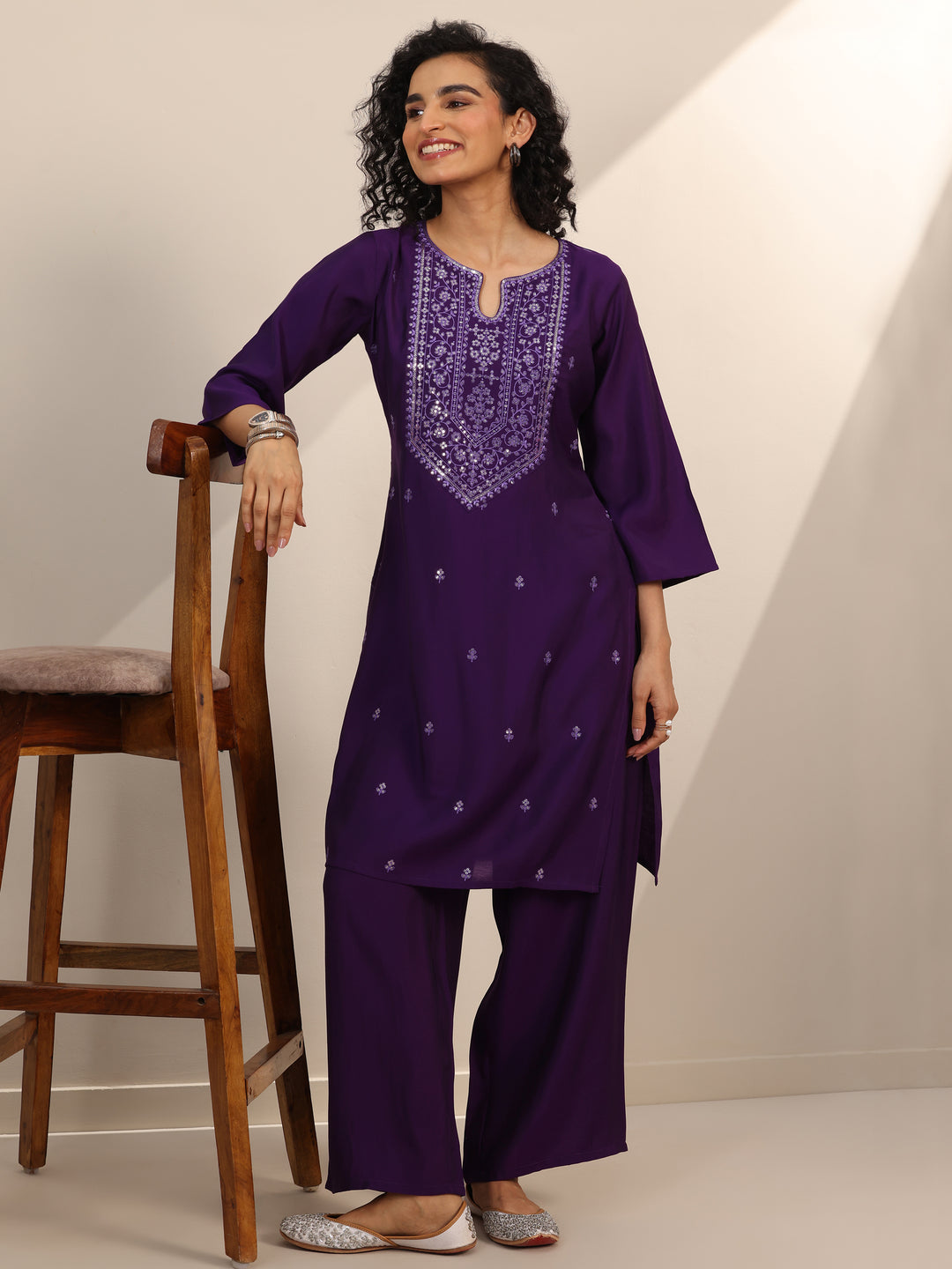 Purple Embroidered Silk Blend Straight Kurta Set