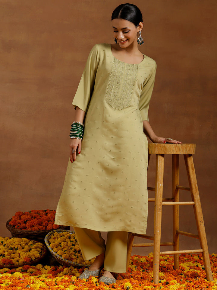 Olive Green Embroidered Silk Blend Straight Kurta Set