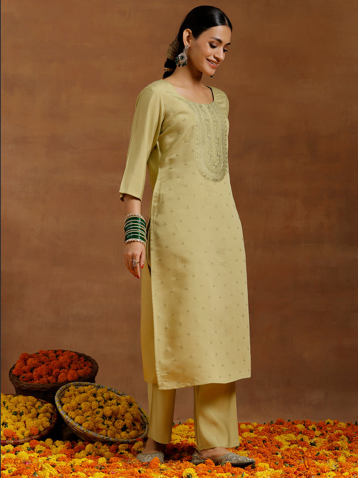 Olive Green Embroidered Silk Blend Straight Kurta Set