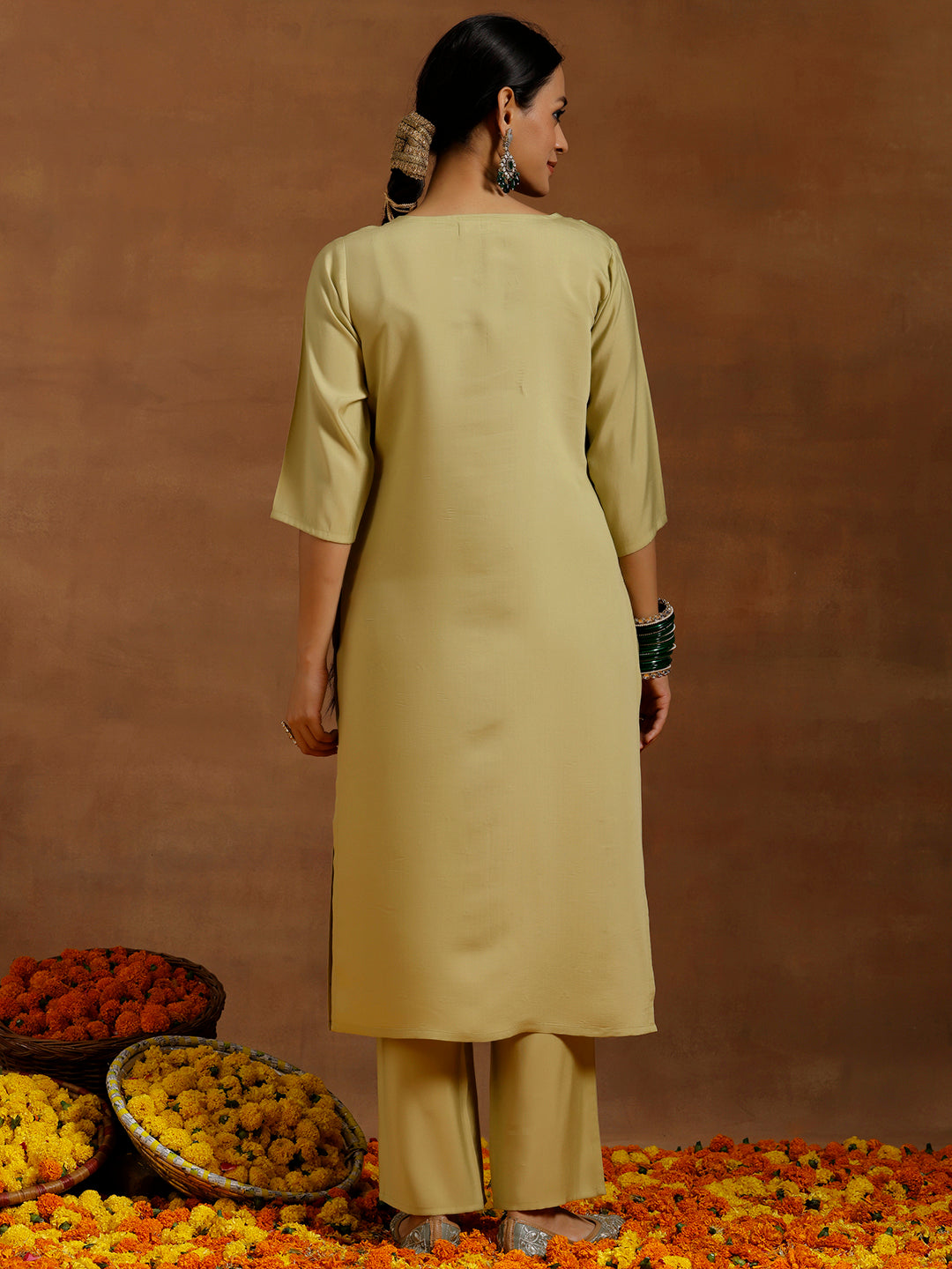 Olive Green Embroidered Silk Blend Straight Kurta Set