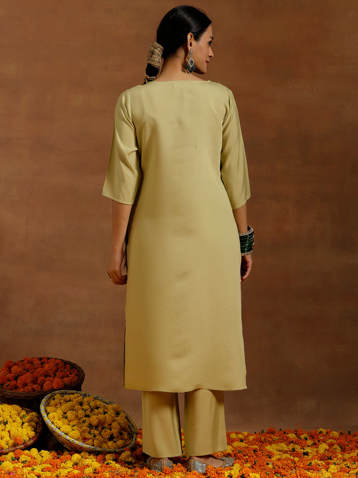 Olive Green Embroidered Silk Blend Straight Kurta Set