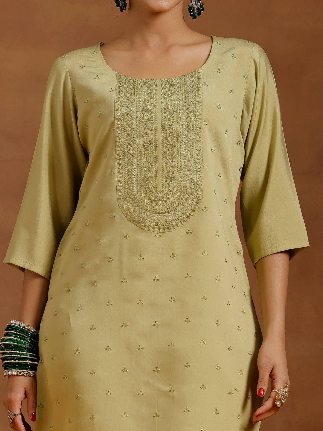 Olive Green Embroidered Silk Blend Straight Kurta Set