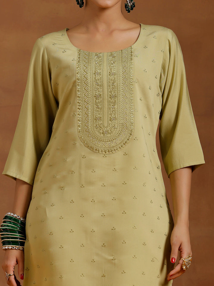 Olive Green Embroidered Silk Blend Straight Kurta Set