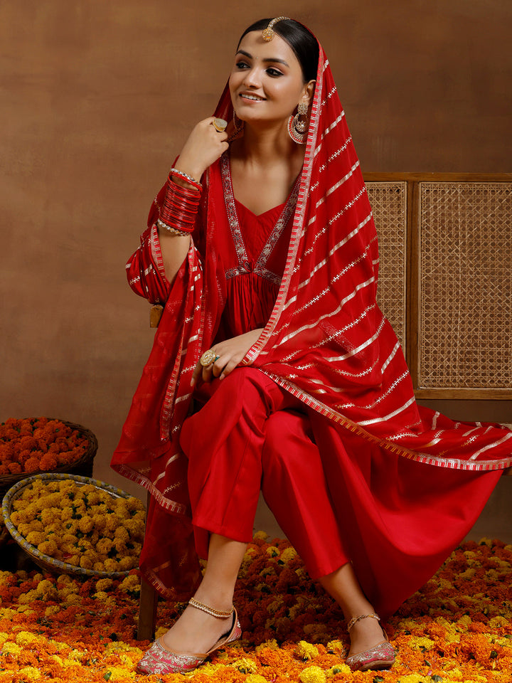 Red Solid Silk Blend A-Line Kurta With Trousers & Dupatta