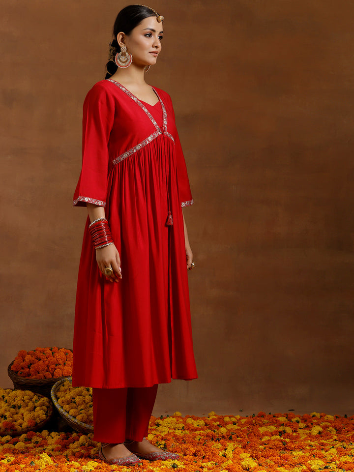 Red Solid Silk Blend A-Line Kurta With Trousers & Dupatta