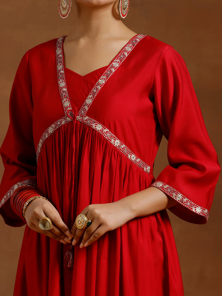 Red Solid Silk Blend A-Line Kurta With Trousers & Dupatta