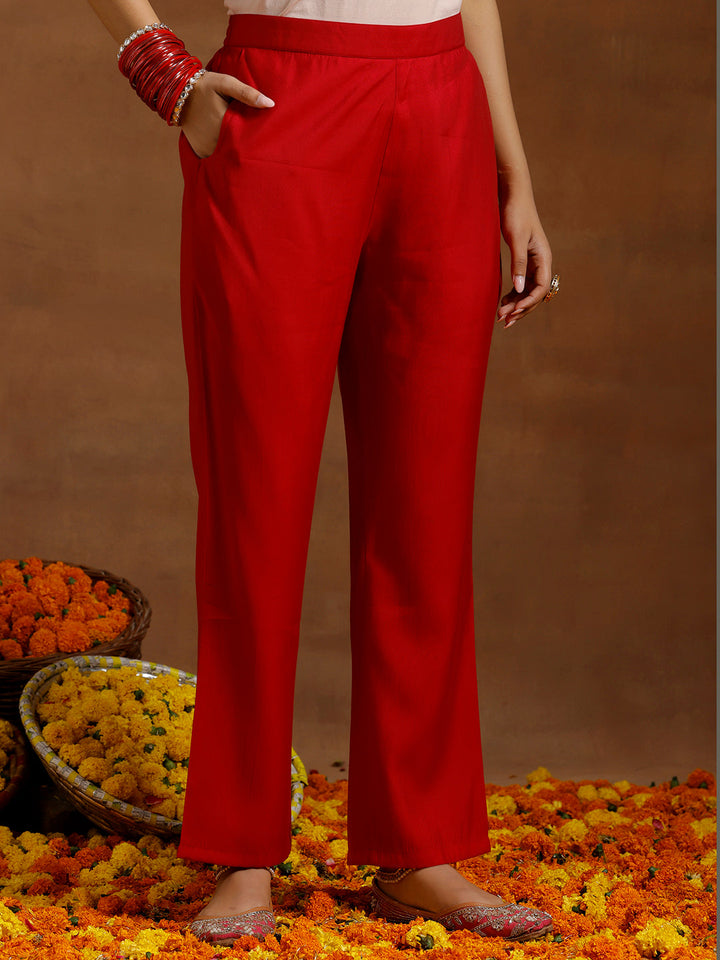 Red Solid Silk Blend A-Line Kurta With Trousers & Dupatta