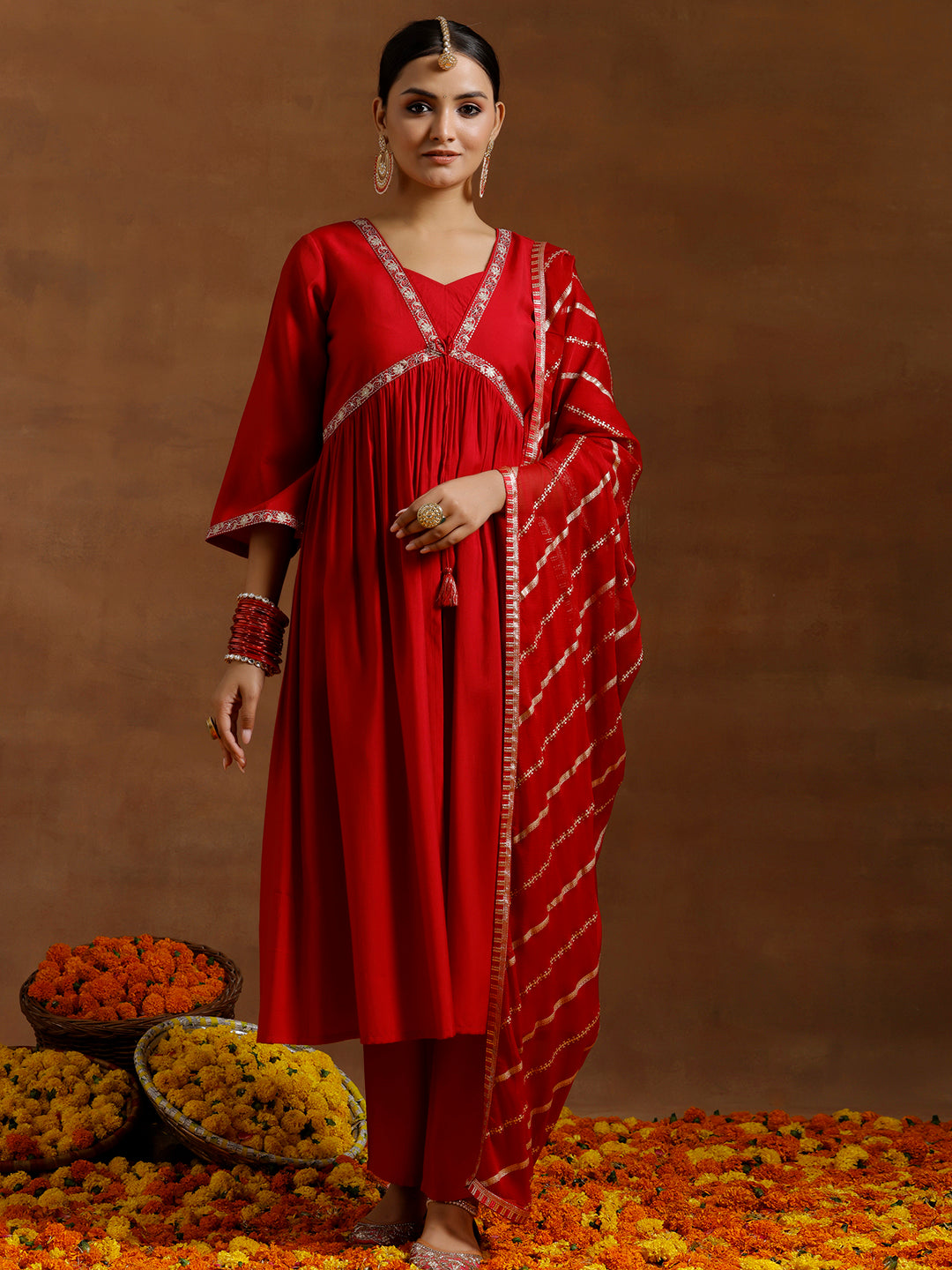 Red Solid Silk Blend A-Line Kurta With Trousers & Dupatta