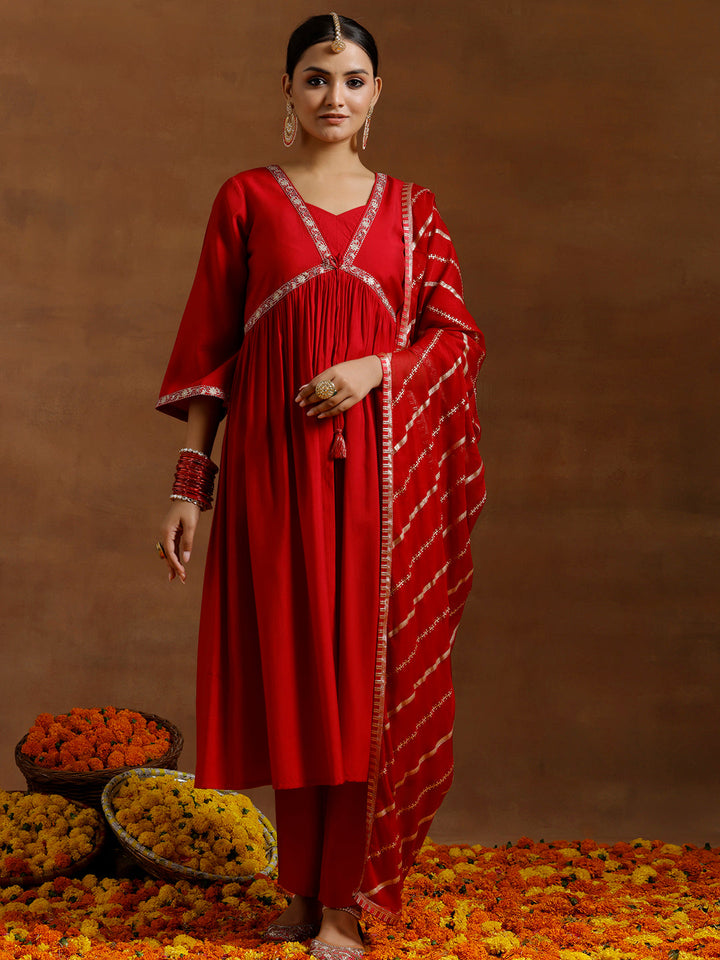Red Solid Silk Blend A-Line Kurta With Trousers & Dupatta