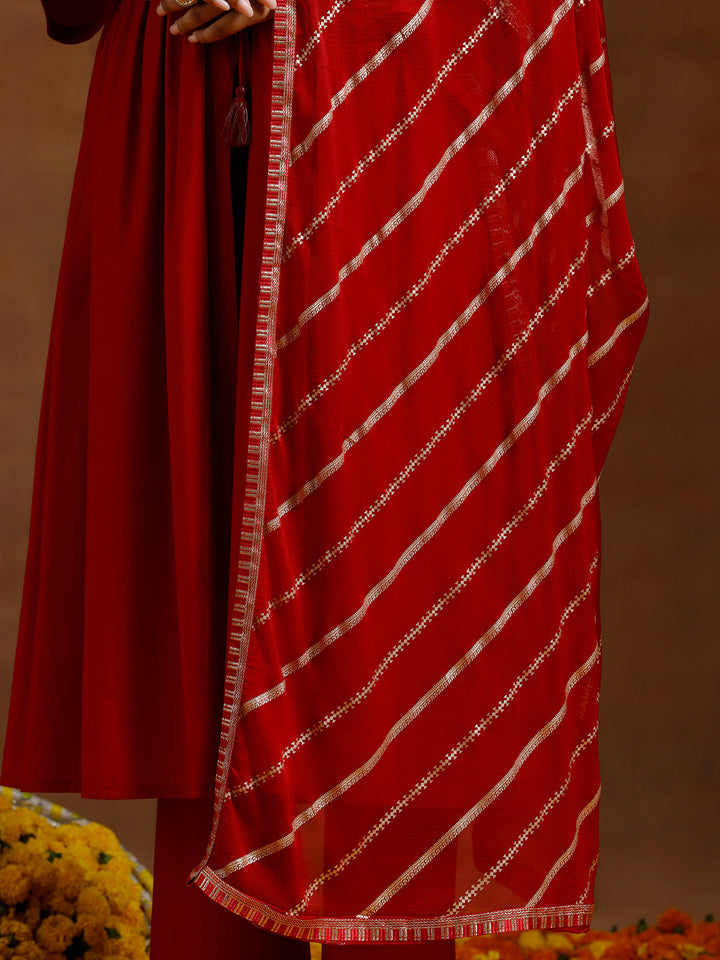 Red Solid Silk Blend A-Line Kurta With Trousers & Dupatta